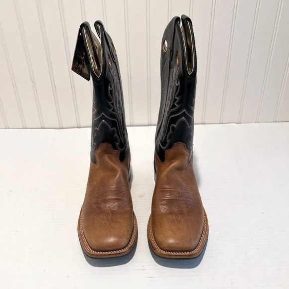 Old West Square Toe Contrast Stitched Leather Western Pull On Cowboy Boots 7 - Picture 3 of 14